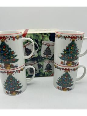 Vintage Christmas Tree Mugs Set Of 4 Holiday Fine China Coffee Cups 1980’s 1990s